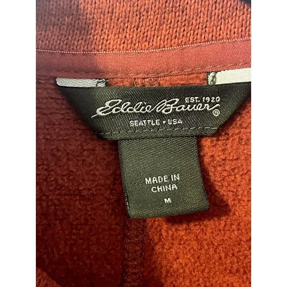 Eddie Bauer Mens M Orange Sweater Fleece Quarter-Zip Pullover sleeve pocket